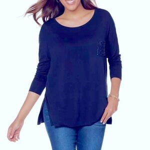 DG2 by Diane Gilman Embellished Pocket Kimono Top Size M Navy